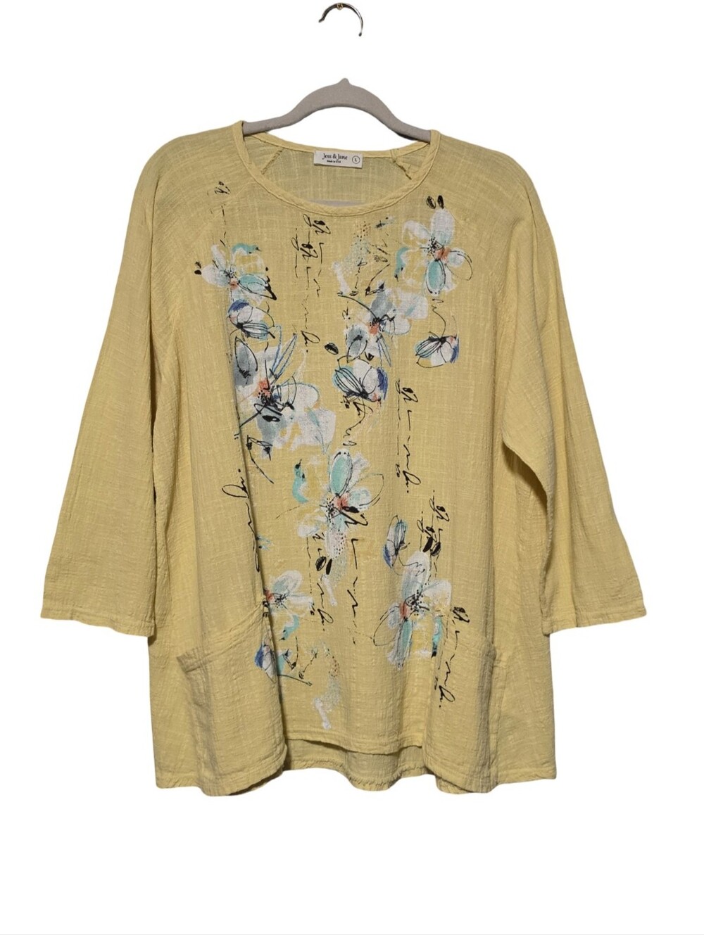 JESS & JANE Tunic Womens Size Large Yellow Floral Cotton Pocket Art Top Boho USA - Picture 2 of 8